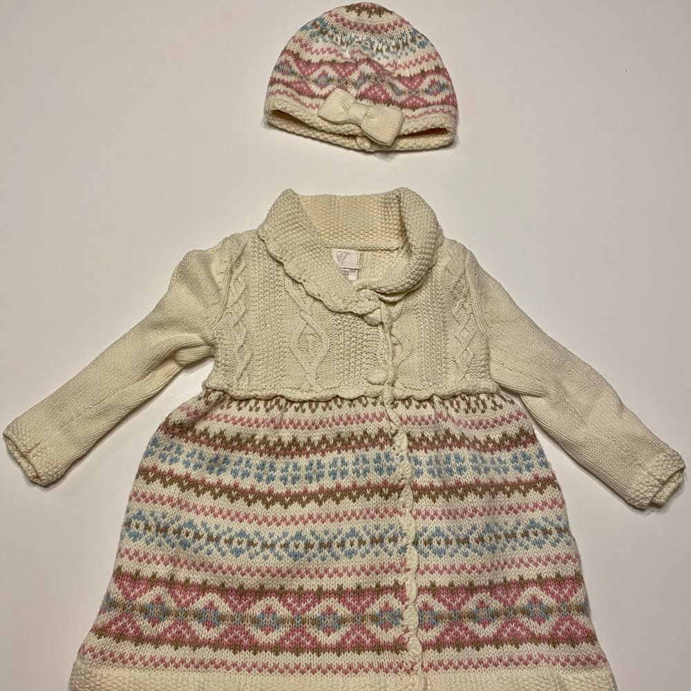 EUC Baby Girl Sweater Dress with Matching Hat